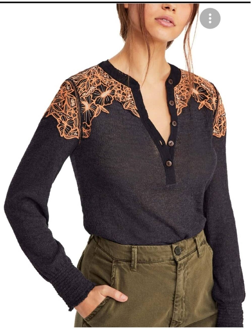 Free People Easy Breazy Henley Orange/Black Long Sleeve XS
